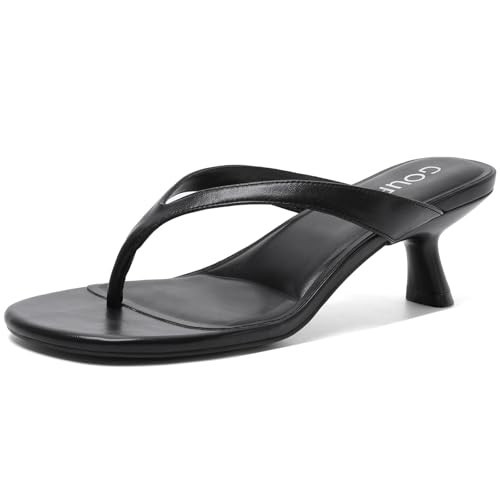 GOUPSKY Black Kitten Heels for Women Round Open Toe Sandals Flip Flop Heels Summer Low Heeled Thong Sandals | Amazon (US)