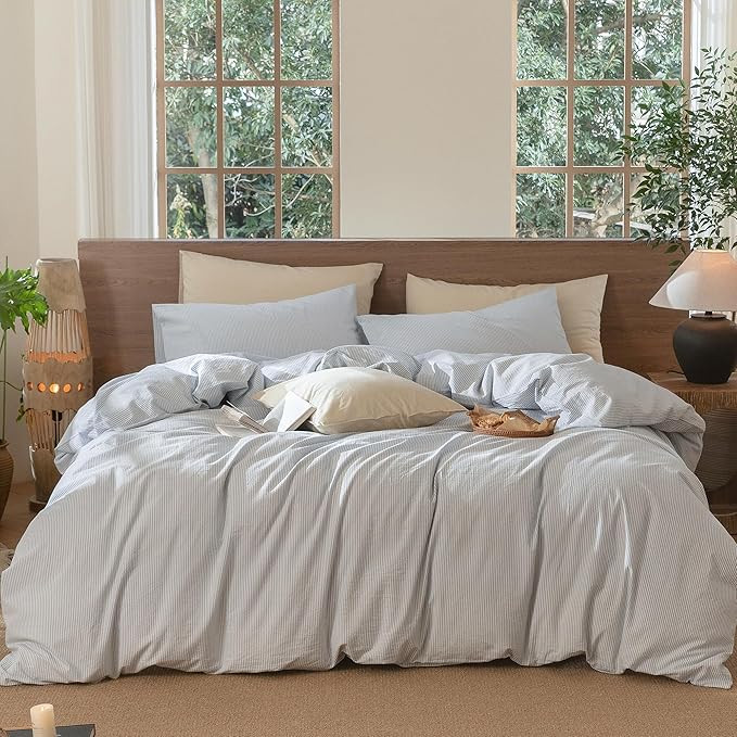 MooMee Striped Duvet Cover Set 100% Washed Cotton Linen Like Textured Breathable Durable Soft Com... | Amazon (US)