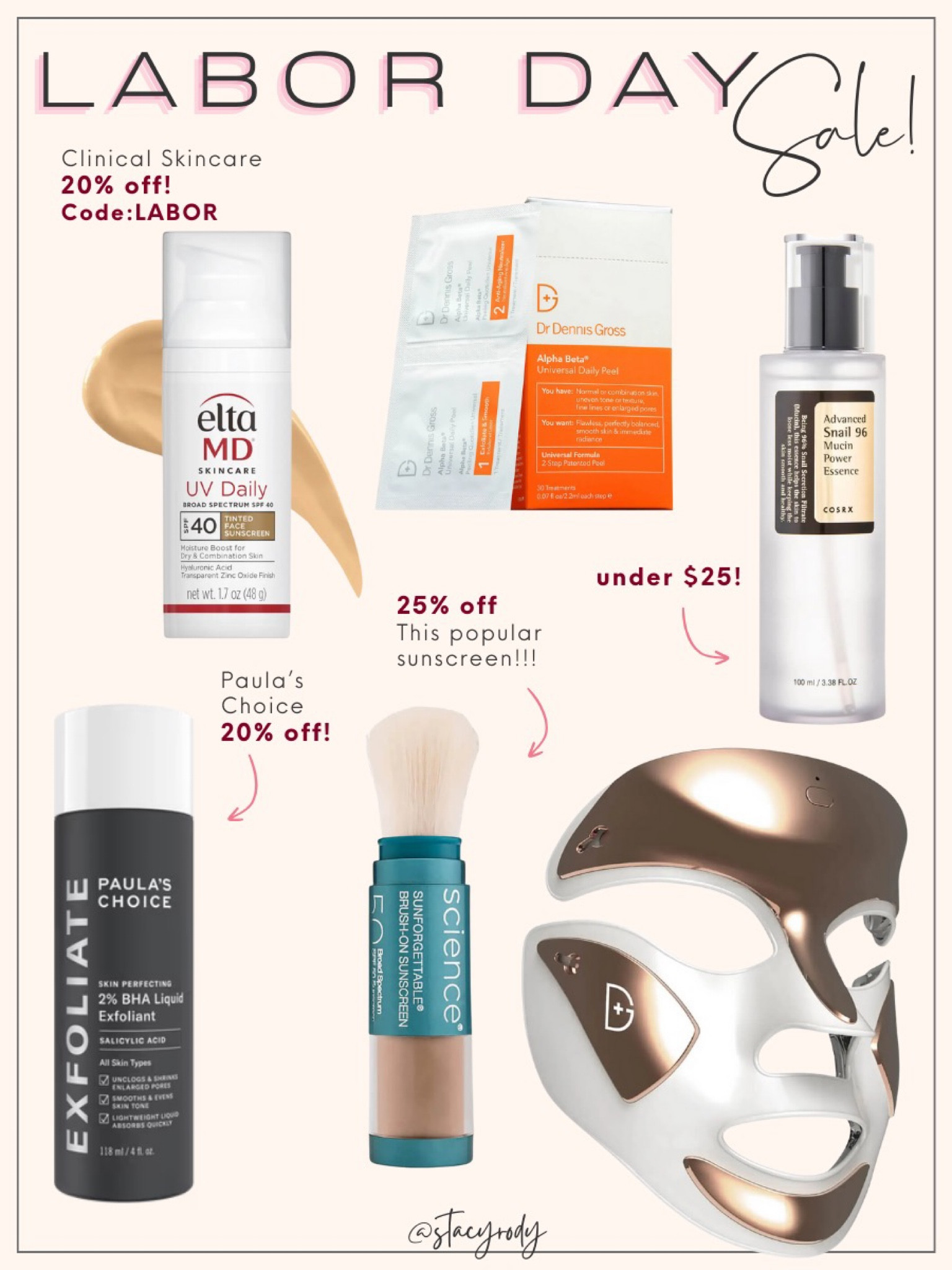 Elta Md sunscreen 
Dennis Gross light therapy mask 
Snail musin 
Paula’s Choice 
Color Science powder spf 

#LTKbeauty #LTKsalealert #LTKSale