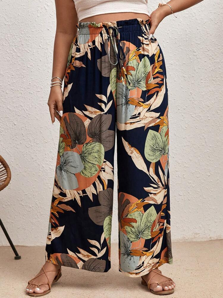 SHEIN VCAY Plus Tropical Print Paperbag Waist Tie Front Wide Leg Pants | SHEIN