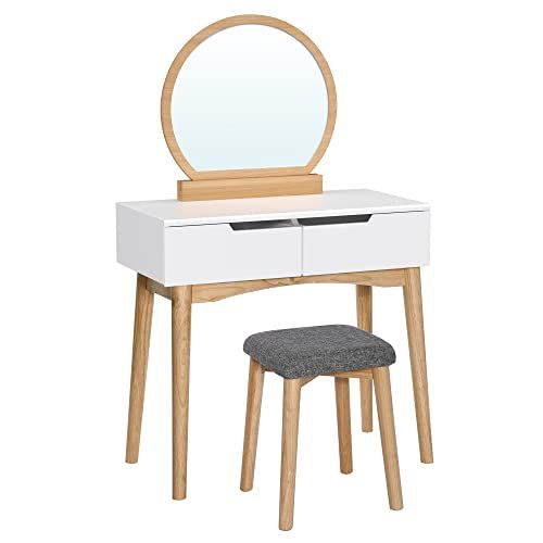 VASAGLE Vanity Table, Makeup Vanity Desk with Rounded Mirror, 2 Drawers, Vanity Set with Upholstered | Amazon (US)