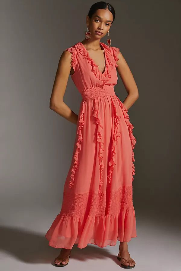 Love The Label Ruffled V-Neck Maxi Dress By Love The Label in Orange Size S | Anthropologie (US)