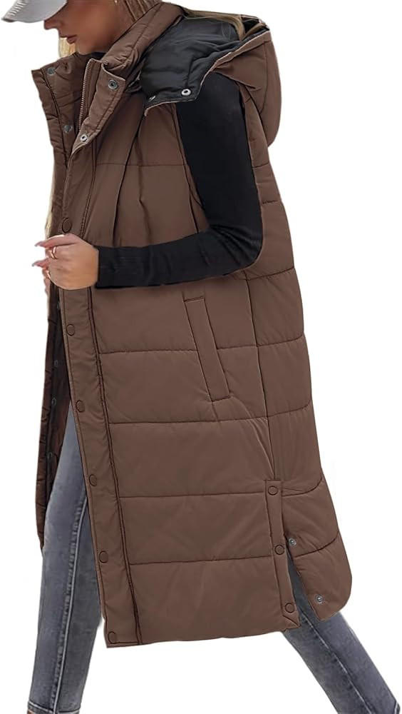Women's Long Puffer Vest Sleeveless Jacket Fall Winter Zip Up Coat with Removable Hood Quilted Ca... | Amazon (US)