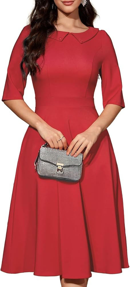 Bbonlinedress Cocktailkleid Damen Kurzarm midilang festliches Kleid Vintage Rockabilly Kleider Ab... | Amazon (DE)