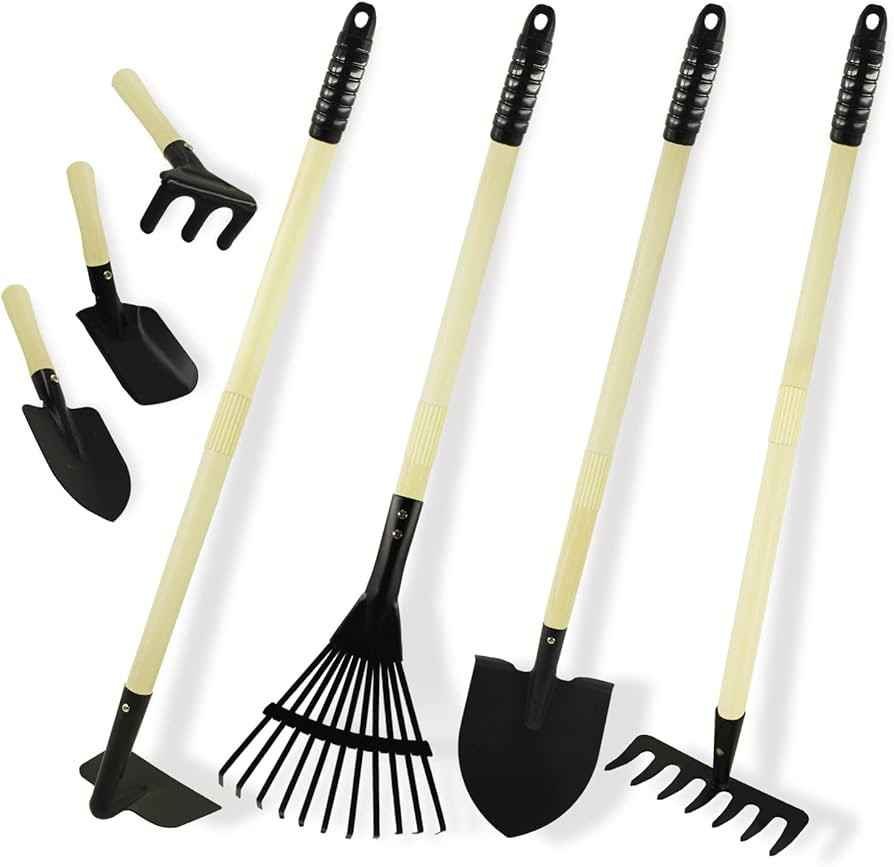 7PCS Kids Gardening Tools, Long Shovel, Rake for Leaves, Spade, Hoe, Steel Heads & Real Wood Hand... | Amazon (US)