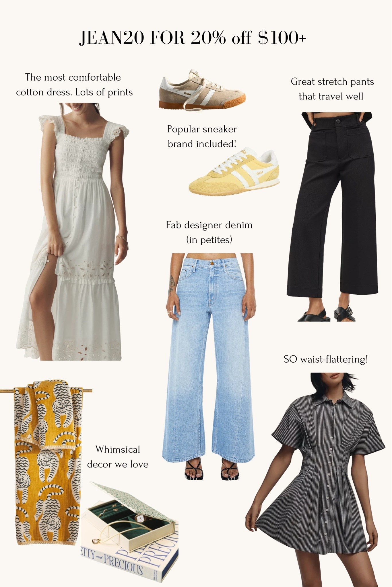 **Even if the item says "discounts do not apply," it DOES apply in your cart! Code JEAN20 for 20% off full price orders of $100+ ** 

White cotton midi dress XXS Petite tts, bump & nursing friendly  

Exquise pleated shirtdress XXS Petite tts 

Mother jeans 23 Petite in "munchies" wash (sized down) these are preorder 

Colette Black Knit Pants 25 Petite (sized up in the knit pants, however go TTS in Colette denim) 

Agolde jeans TTS, I take size 24

anthropologie sale , home decor, petite spring summer dresses , vacation outfits , one piece mom friendly swimsuits, mother's day gifts

#LTKMothersDay #LTKSaleAlert #LTKPetite