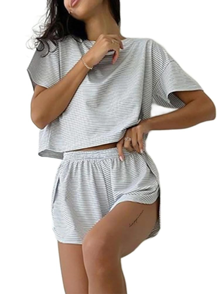 Remidoo Women's Striped Tee Shirts and Shorts Pajamas Set Side Slit Crewneck Loungewear | Amazon (US)