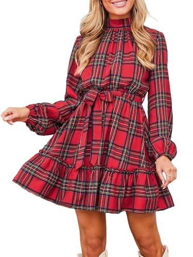 CUPSHE Damen Kleid Mock Neck Langarm Taillenschnürung Karomuster Weihnachten Kleid Freizeitkleider Party Elegant Mini Dress Rot kariert M | Amazon (DE)