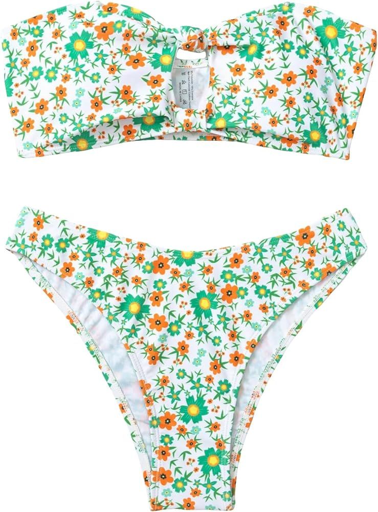 SHENHE Women's Floral Bandeau Bikini Set Cut Out High Cut Strapless 2 Piece Swimsuit | Amazon (US)