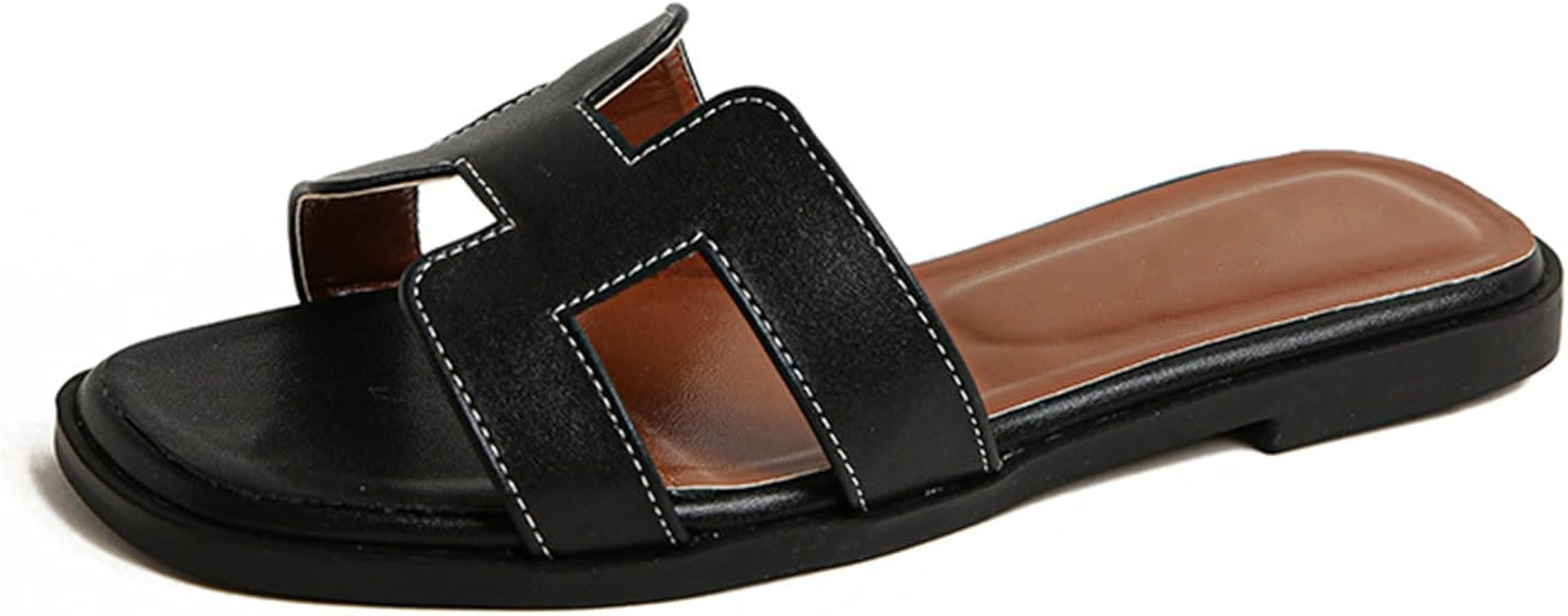 H Flat Slide Sandals for Women Non Slip Square Open Toe Fashion Slides Slip On Leather Slide Sandals Summer Beach Casual | Amazon (US)