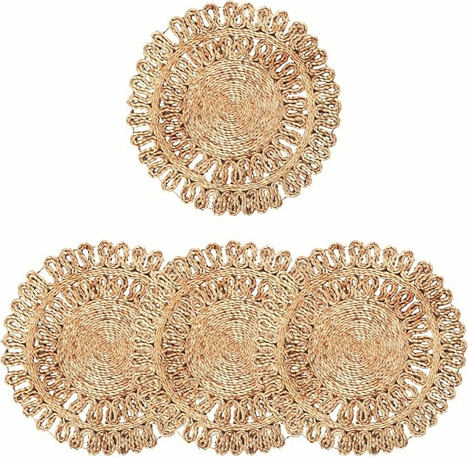 Natural Jute Braided Placemat Set of 4 Round 13 Inch Placemats for Christmas Dining Table Décor,... | Amazon (US)