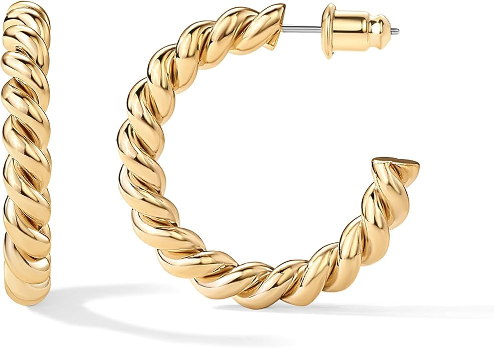 PAVOI 14K Gold Plated Twisted Rope Round Hoop Earrings in Rose, White and Yellow Gold | Amazon (US)