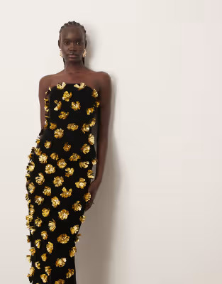 ARRANGE 3D floral bandeau column maxi dress in black | ASOS | ASOS (Global)