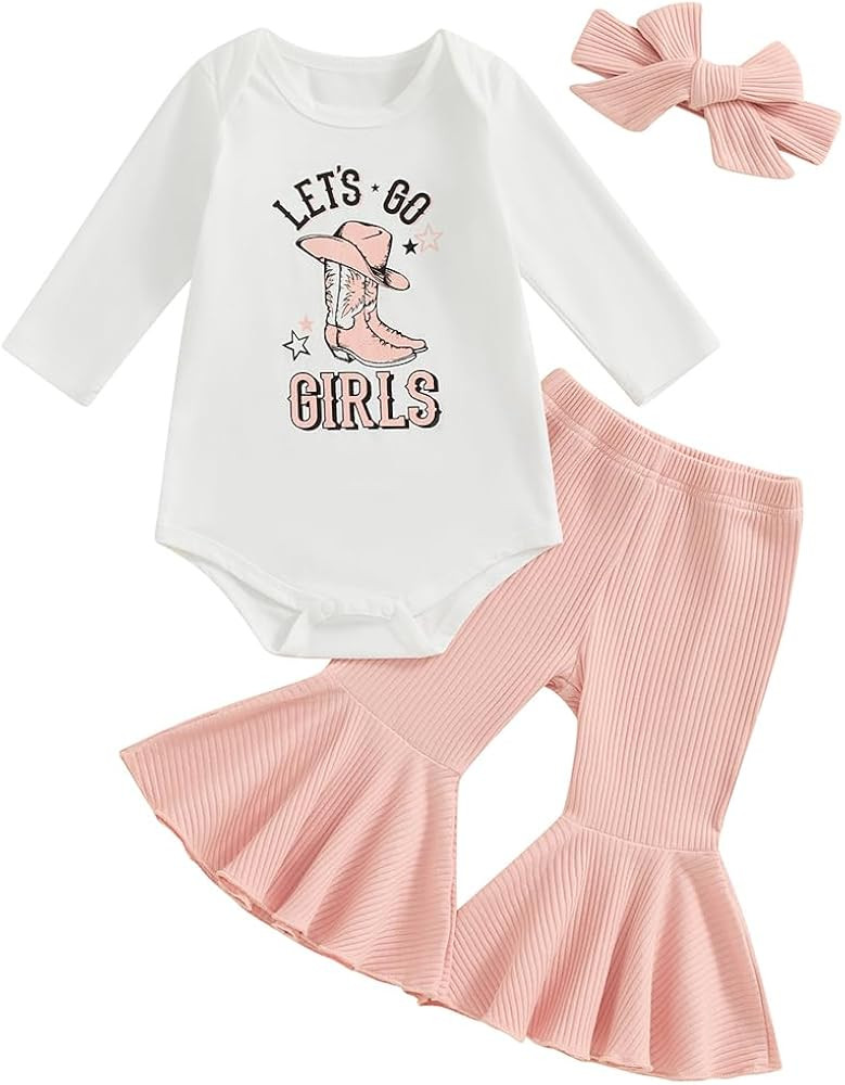 Baby Girls Western Clothes Set Let's Go Girls Bodysuit Ribbed Flared Pants Headband 3pcs Cowgirl ... | Amazon (US)