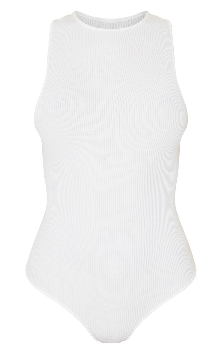 White Structured Contour Racer Neck Ribbed Bodysuit | PrettyLittleThing US