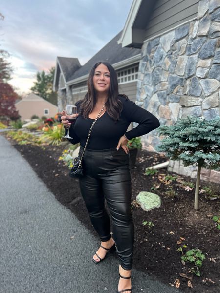 Black sweater bodysuit
Spanx leather joggers
Black heels
Black shoes
Date night outfit
All black outfit


#LTKfit #LTKcurves #LTKstyletip