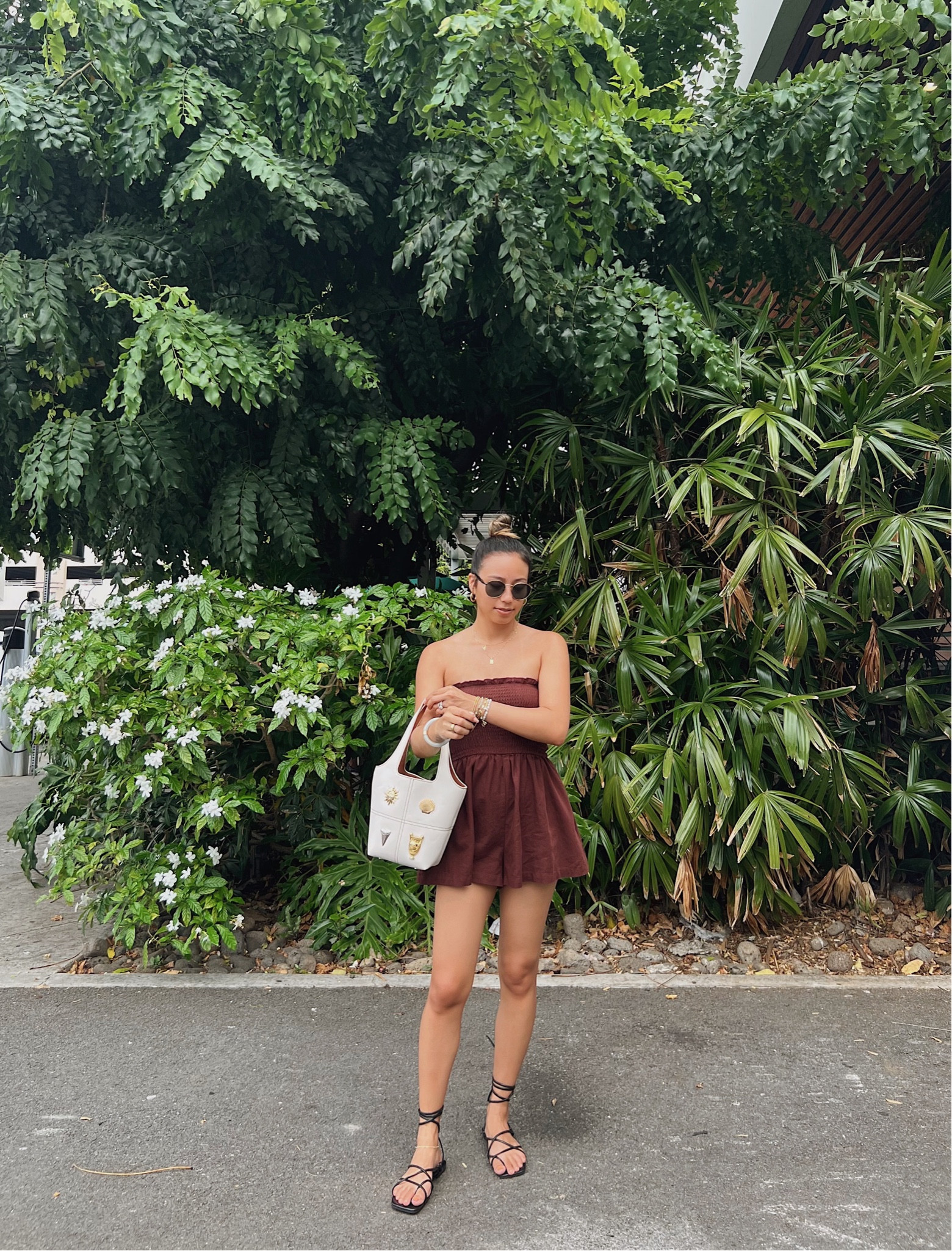 casual hawaii vacation outfit 🤎 | brown romper | brown one piece | brown jumper | black sandals | strappy sandals | tie up sandals | summer vacation outfit | tropical vacation outfit | neutral outfit | neutral fashion 

#LTKunder50 #LTKtravel #LTKshoecrush