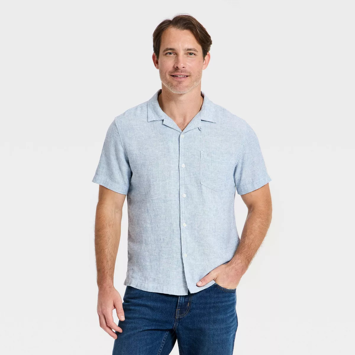 Men's Short Sleeve Camp Collar Button-Down Shirt - Goodfellow & Co™ Light Blue L | Target