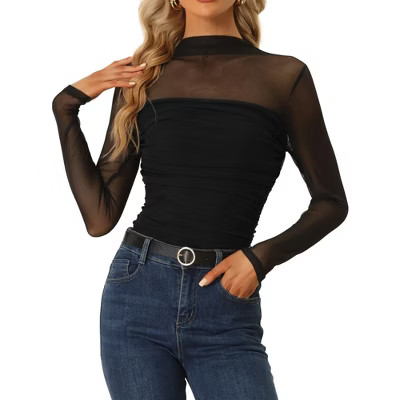 INSPIRE CHIC Women's Solid Mock Neck Mesh Sheer Long Sleeve Ruched Blouses | Target