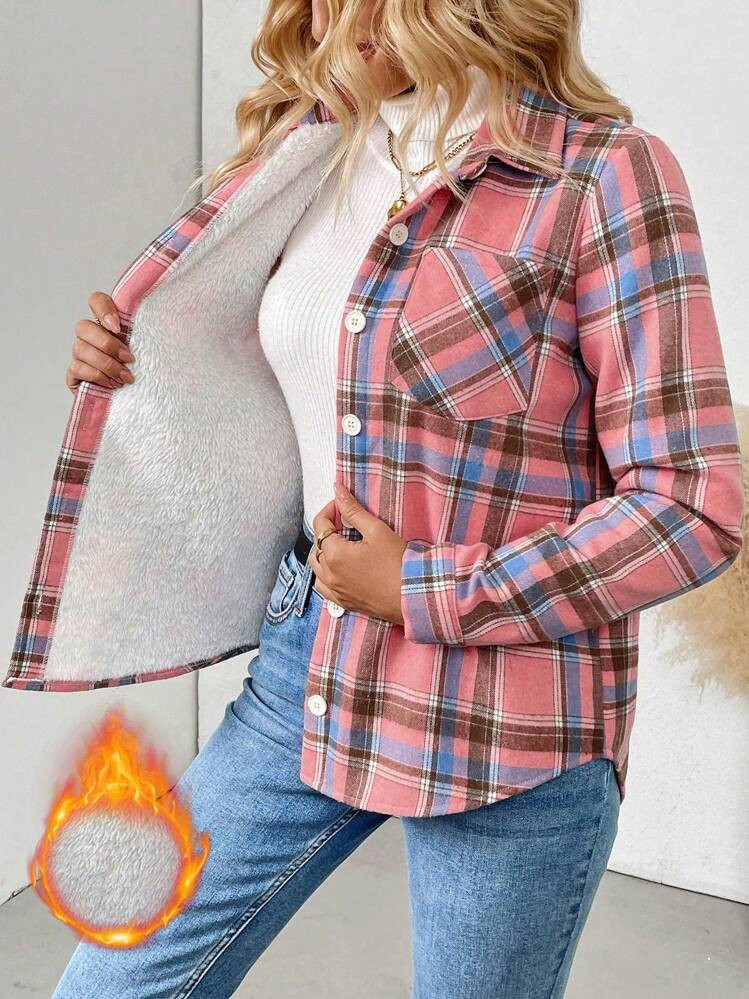 LanaWest Women's Autumn/Winter Long Sleeve Casual Plaid Thermal Lining Pocket Shirt, Long Sleeve Tops Fall Cloth For Women | SHEIN