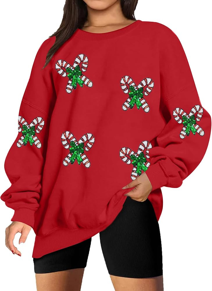 LUKYCILD Christmas Sweatshirts Women Sequin Christmas Shirts Sparkly Xmas Graphic Long Sleeve Cre... | Amazon (US)
