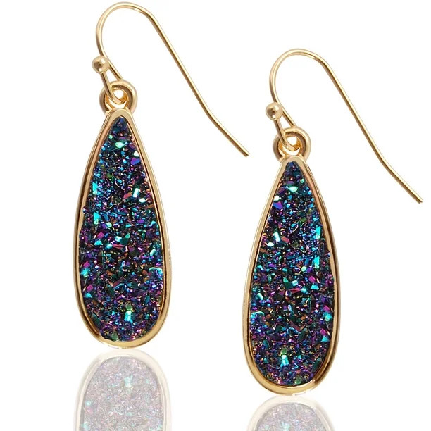 Simulated Druzy Drop Dangles - Sparkly Long Teardrop Dangly Earrings, Iridescent, Dark Blue, Meta... | Walmart (US)