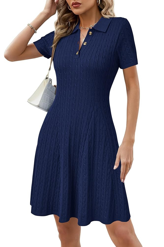 Arach&Cloz Women's Summer Polo Dresses 2025 Short Sleeve Cable Knitted Fashion Business Work Casu... | Amazon (US)