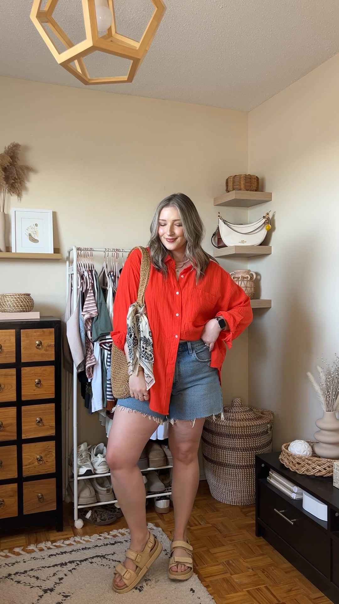 Casual colorful summer outfit! Wearing L in the bright button up shirt. Wearing 32 in the denim shorts (I recommend sizing up 1!). Linked similar sandals

#LTKmidsize #LTKsummer #LTKsale