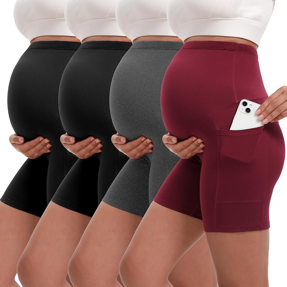 4 Pack Women's Maternity Shorts with Pockets Over The Belly Yoga Biker Pregnancy Workout Running ... | Amazon (US)