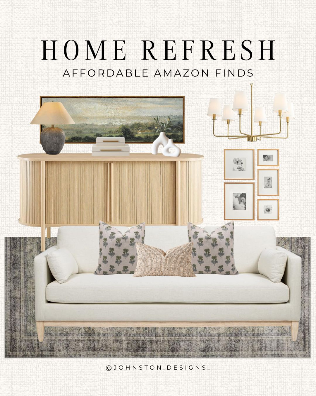 Amazon home refresh! ✨ Elevated neutrals, warm textures and designer style without the price tag.

Amazon home inspo, living room update, neutral decor, modern traditional, wood sideboard, console cabinet, landscape artwork, brass chandelier, table lamp, gallery frames, accent pillows, vintage rug, cozy space, affordable design, styled room. 

 #LTKHome