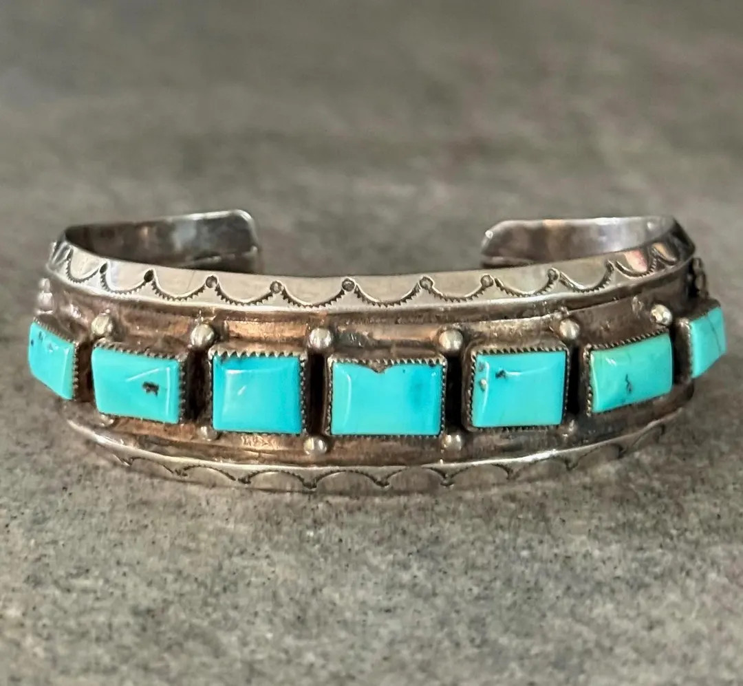 OLD Vintage Native American Navajo SEVEN Turquoise Row Sterling Silver Hand Made Bracelet Cuff - ... | Etsy (US)