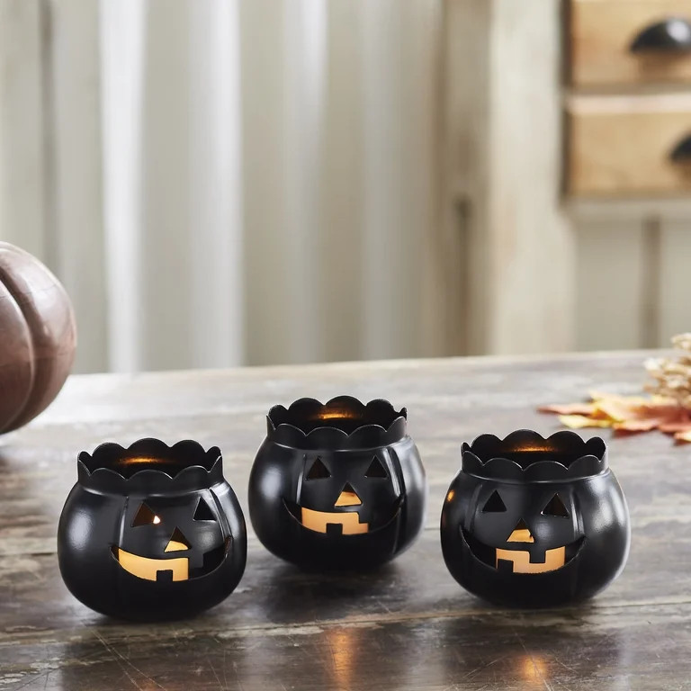 VHC Brands Jack-O-Lantern Candle Holder Black Set of 3, Fall and Halloween Kitchen Dining Table C... | Walmart (US)