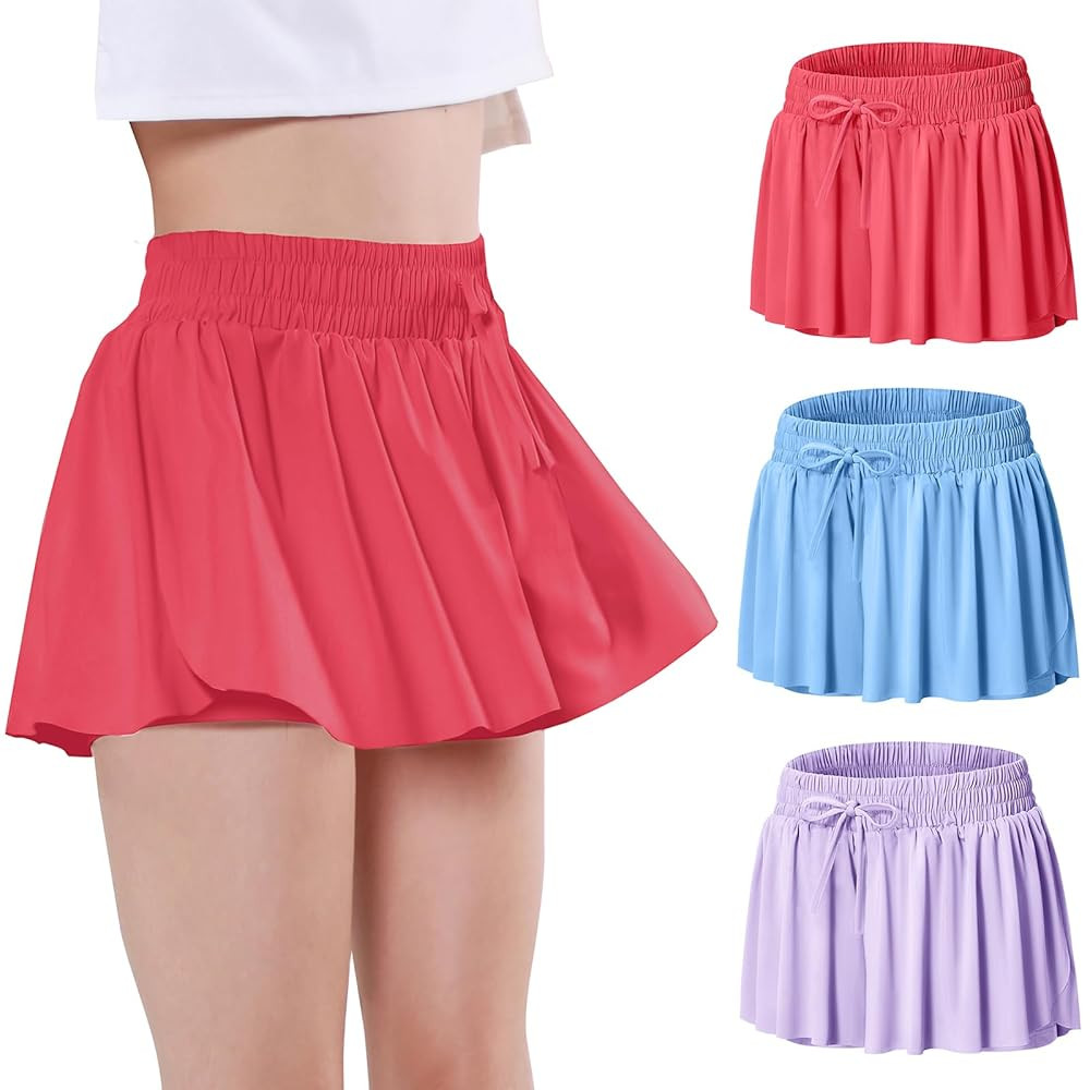 EXARUS Girls Butterfly Shorts Flowy Skirt Skort Athletic Cheer Flutter Dance 2 in 1 Running Prepp... | Amazon (US)