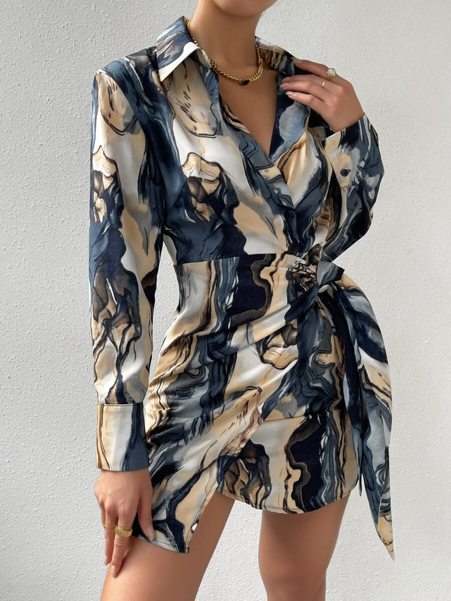 HomeWomen ClothingWomen DressesSHEIN SXY Allover Print Knot Side Wrap Shirt Dress | SHEIN