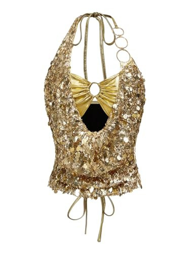 MakeMeChic Women's Metallic Glitter Sequin Halter Top Ring Linked Summer Y2K Party Tops Clubwear Gold Small | Amazon (US)