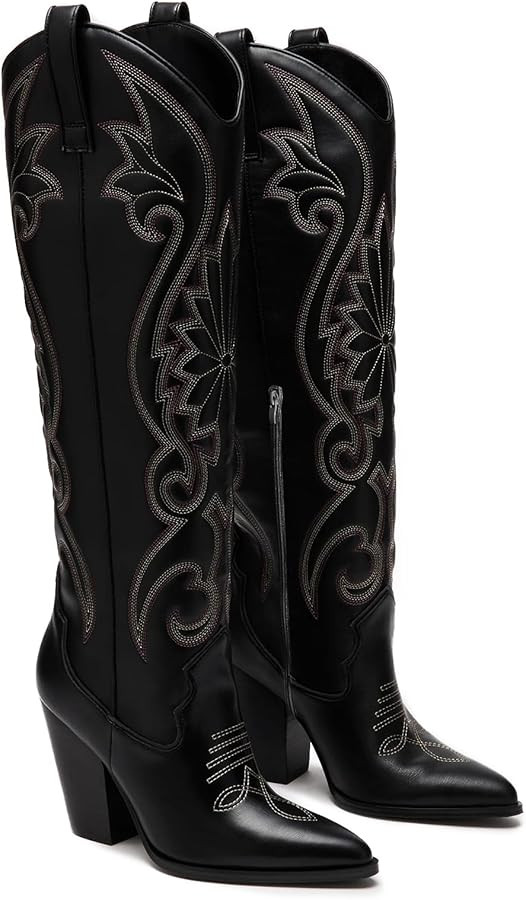 VOMIRA Knee High Cowboy Boots for Women Pointed Toe Chunky High Heels Pull-on Embroidered Boots W... | Amazon (US)