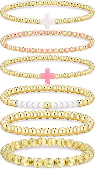 Gold Beaded Bracelets for Women, 14K Real Gold Plated Jewelry for Women Dainty Pearl Bead Bracele... | Amazon (US)