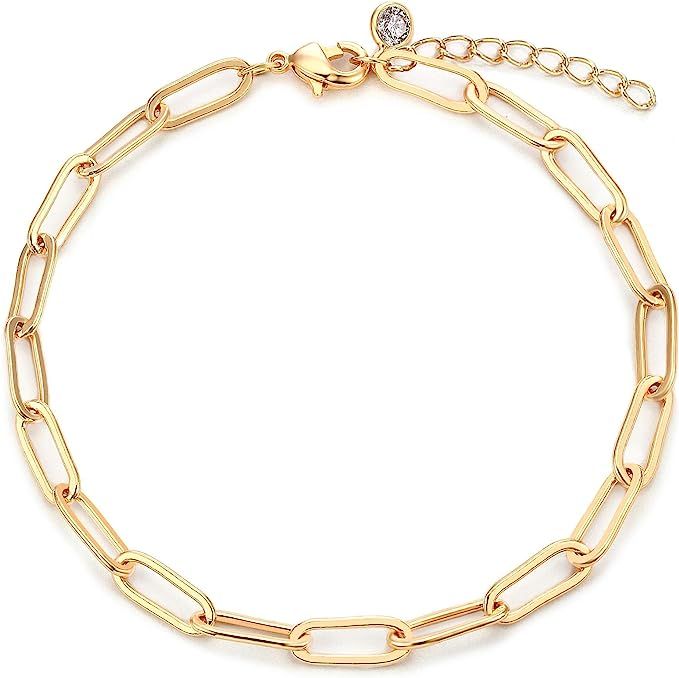 WEARON Dainty Gold Link Chain Bracelet for Women 14K Gold Plated Simple Delicate Paperclip Chain ... | Amazon (US)