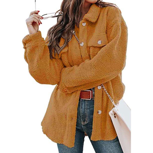 Capreze Button Down Jacket Outwear for Women Shearling With Pockets Overcoats Winter Warm Fuzzy F... | Walmart (US)