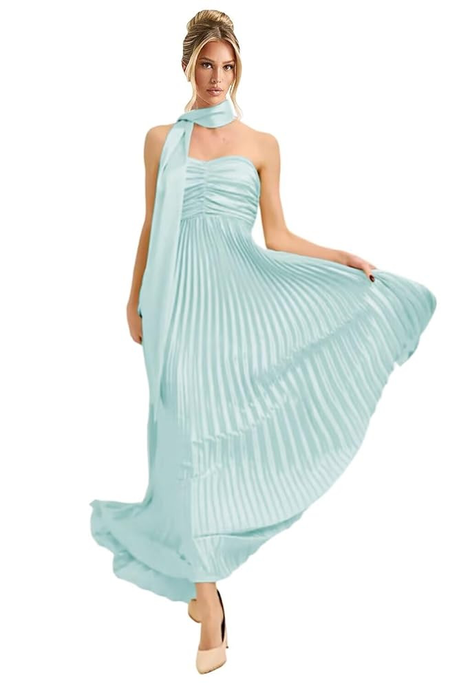 Strapless Pleated Maxi Bridesmaid Dresses with Scarf Simple Elegant A Line Evening Dress EEM186 | Amazon (US)