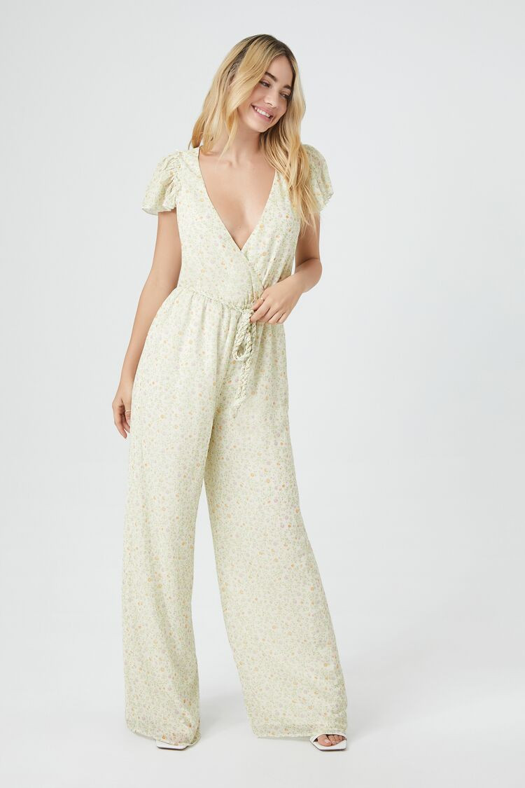 Women's Ditsy Floral Surplice Jumpsuit in White Small | Forever 21