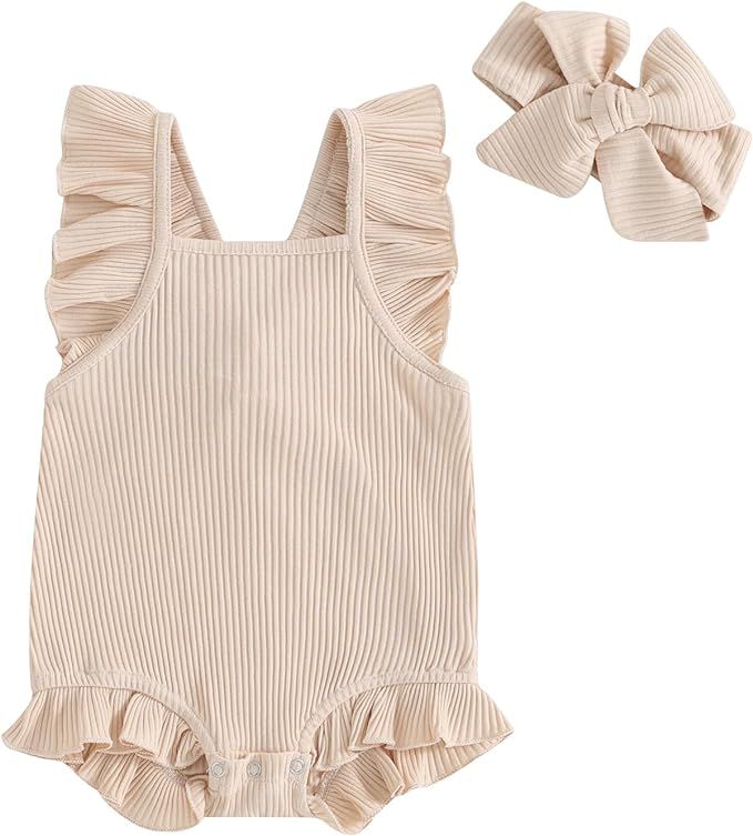 Infant Baby Girl Summer Clothes Flying Sleeve Solid Color Ruffle Romper with Headband Bodysuit Ou... | Amazon (US)
