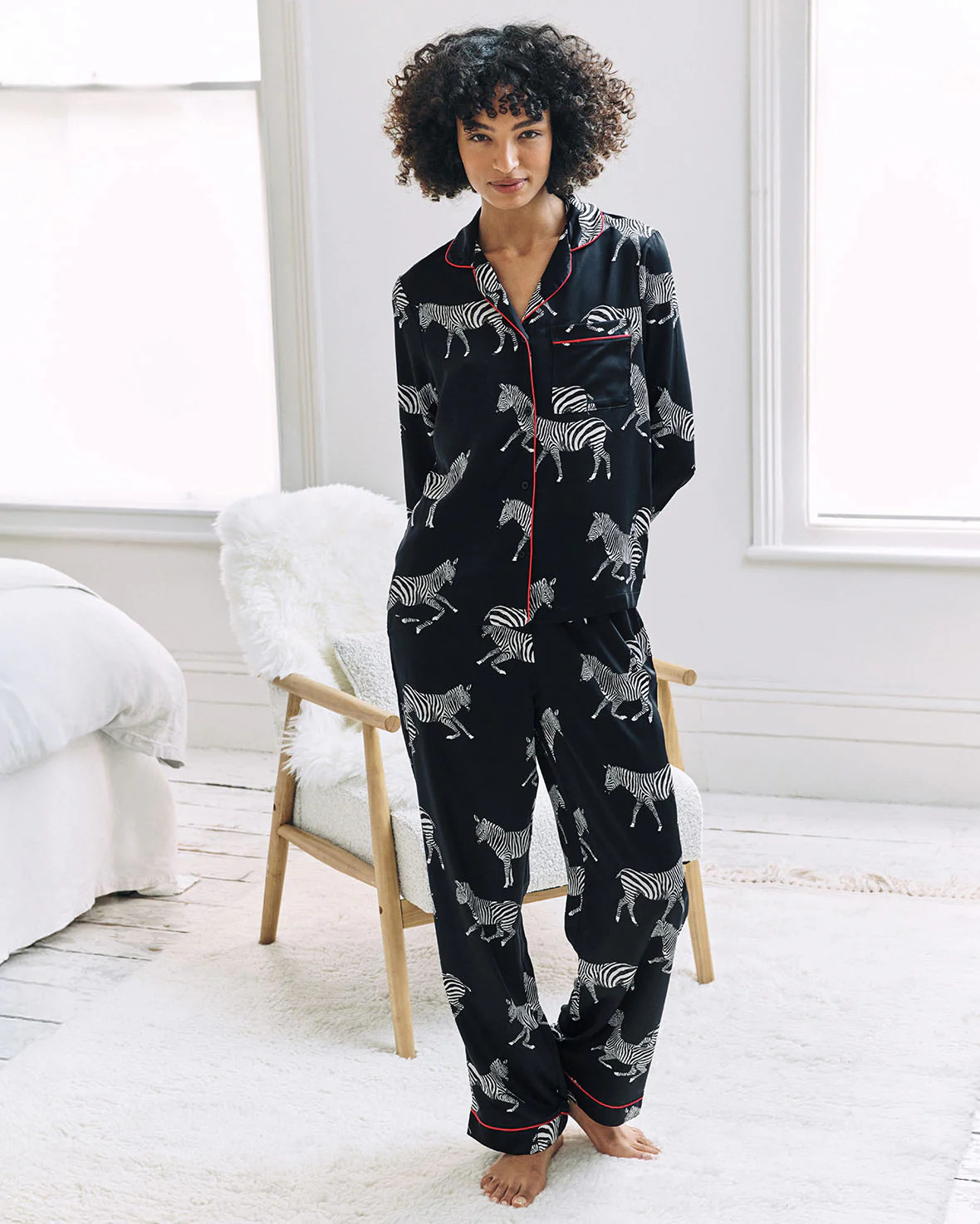 Satin Zebra Print Long Pyjama Set - Navy | Chelsea Peers NYC