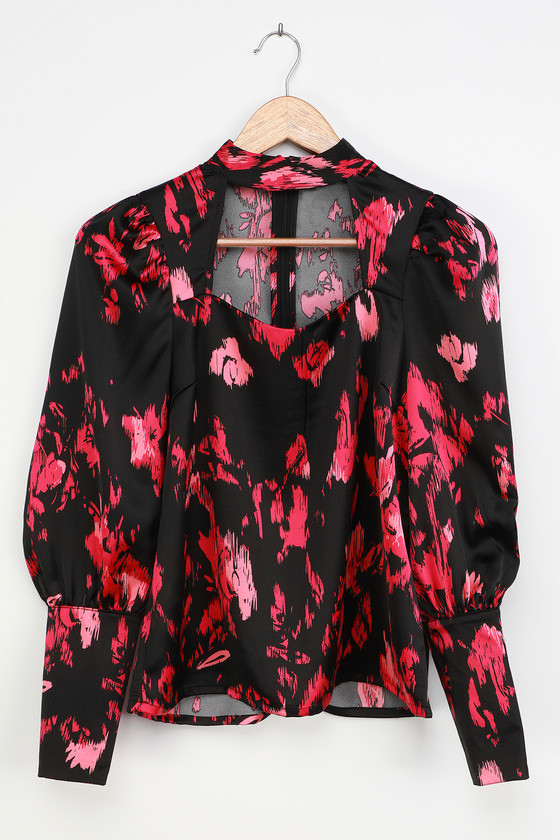 Frida Black Print Satin Cutout Long Sleeve Top | Lulus (US)