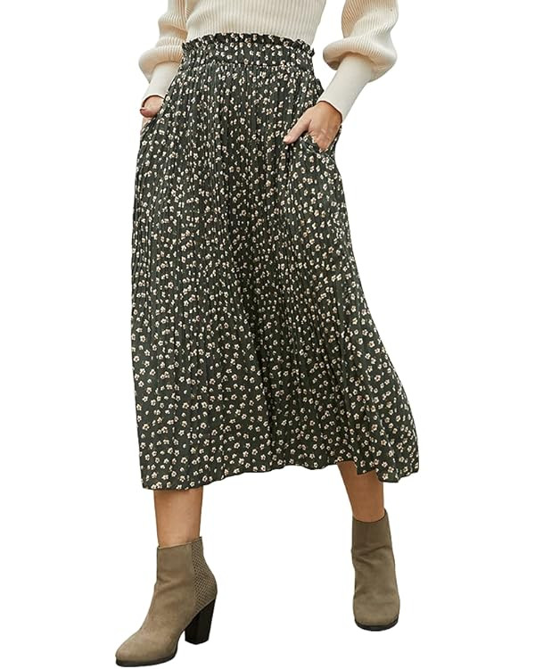 EXLURA Womens High Waist Polka Dot Pleated Skirt Midi Swing Skirt with Pockets | Amazon (US)