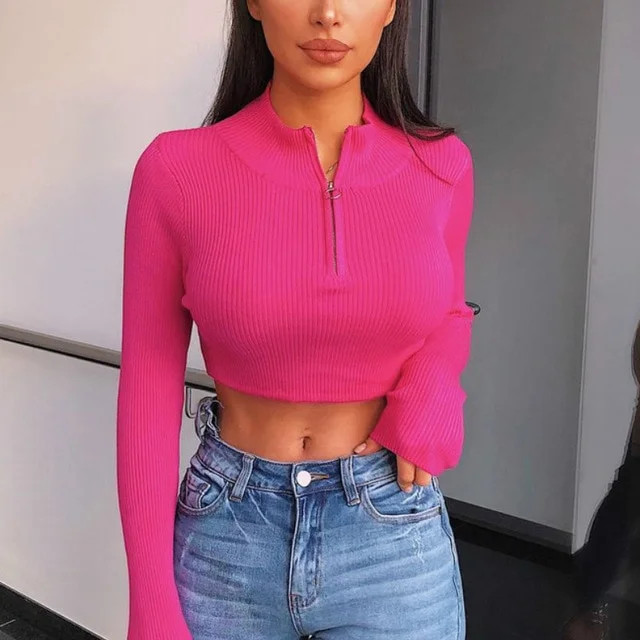 Women Zipper Pink Cropped Top Long Sleeve Turtleneck Solid Color Slim Top - Walmart.com | Walmart (US)