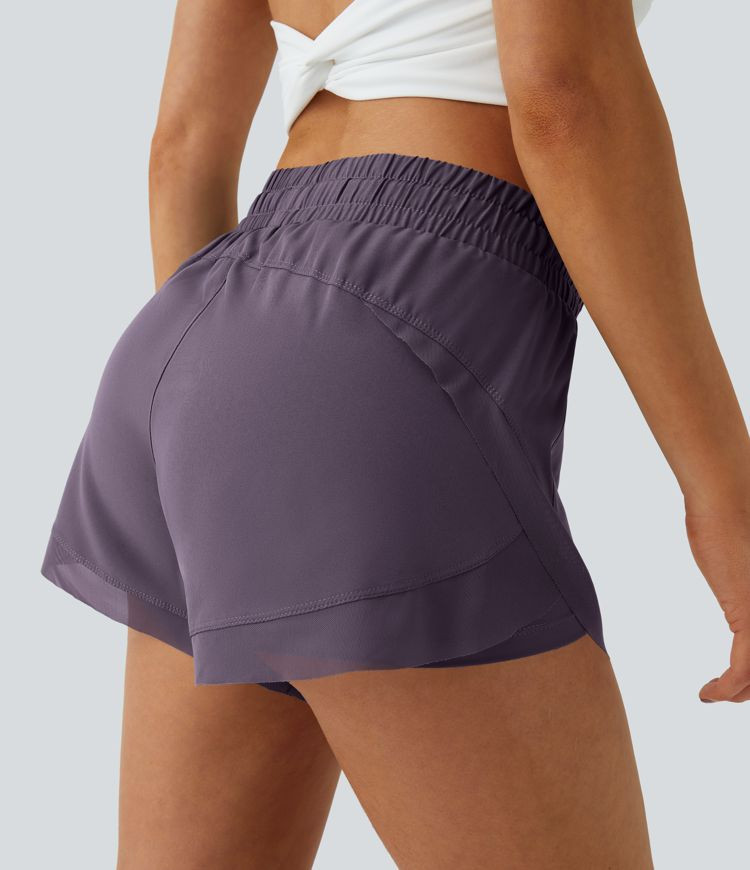 Mid Rise Drawstring Contrast Mesh 2-in-1 Flowy Running Shorts 3'' | HALARA