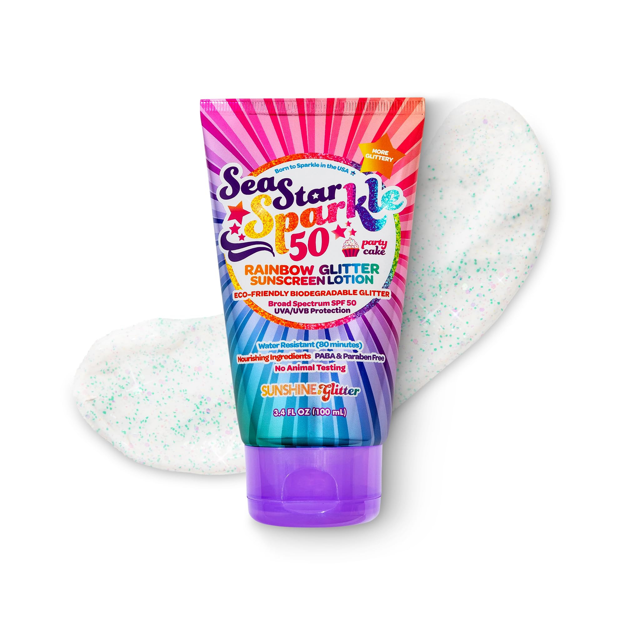Seastar Sparkle - Rainbow Party Cake Scented Glitter Sunscreen - SPF 50 - Biodegradable Sunscreen... | Amazon (US)