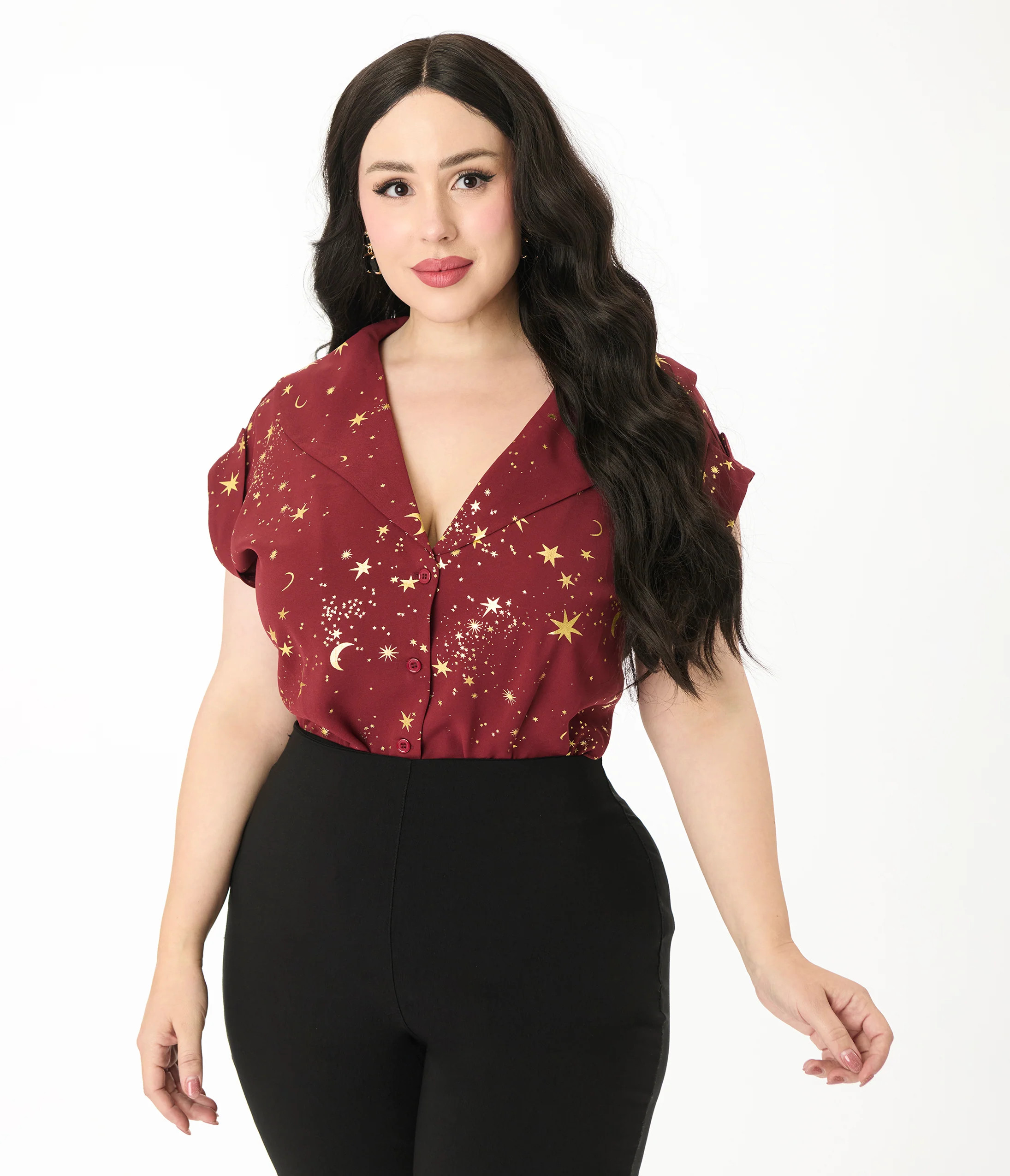 Unique Vintage Plus Size Burgundy & Gold Star Twill Sleeveless Blouse | Unique Vintage - North America