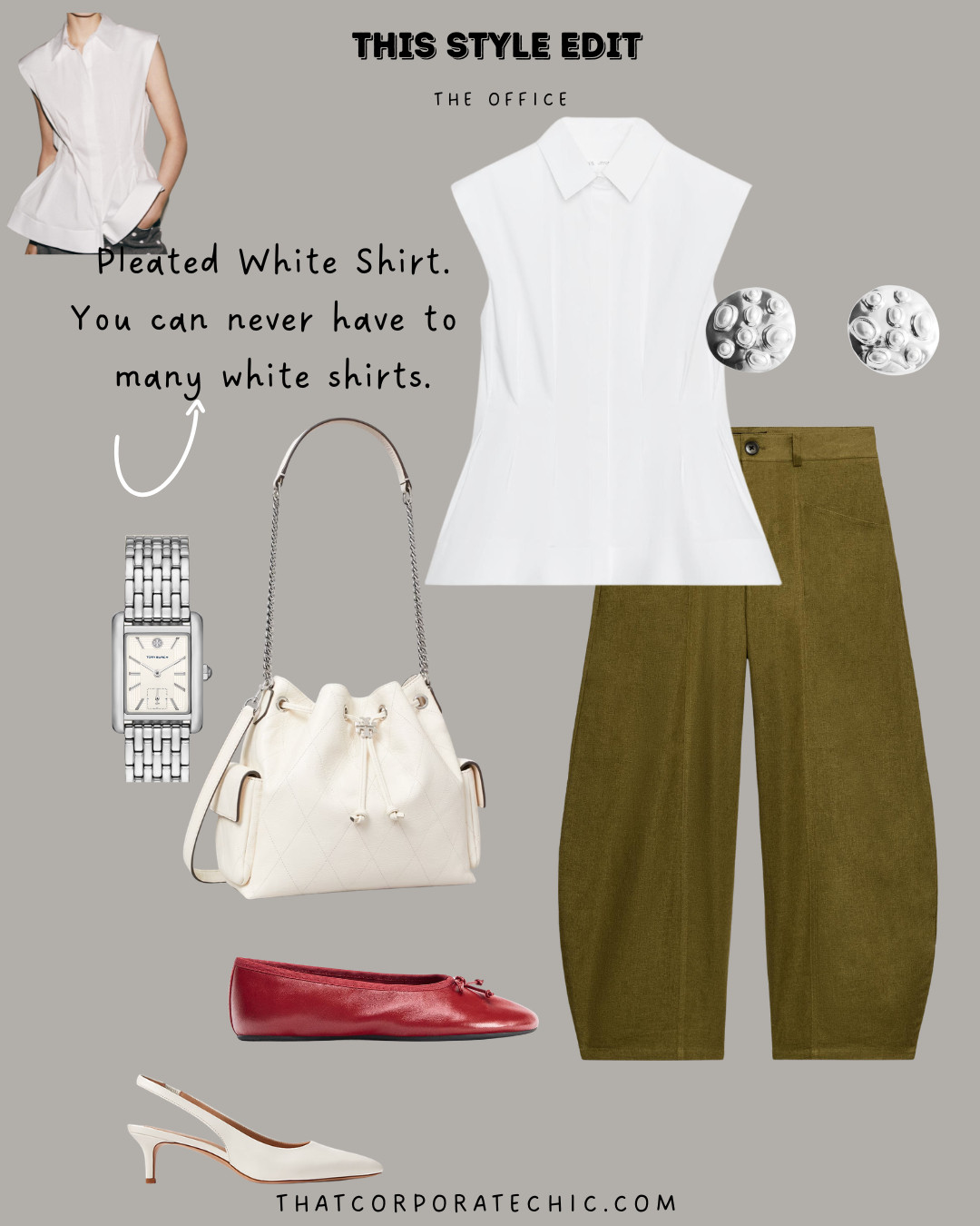 The pleated white shirt from Zara, styled with a pair of balloon linen trousers or a pleated skirt.

Workwear style
work blouse
What to wear to the office
easy workwear style
business casual workwear style
work shoes.

For Zara style reference code:
Blouse: 6095/982/250
Trouser: 4745/027/515


 

 #LTKsummer #LTKworkwear #LTKstyletip